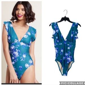 High Dive for ModCloth Lagoon Living Turquoise Floral  Ruffle Shoulder Size